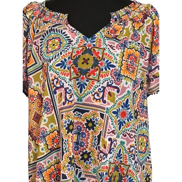 Democracy Women’s Smocked Neck Bohemian Style Top/Blouse Large - Picture 2 of 11